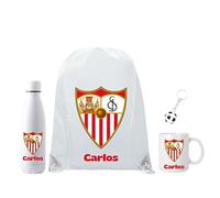 Genérico Escudo Sevilla FC - Personalizado con Nombre - Regalo del Sevilla FC para los Fans - Mochila+ botella700ML + Taza cerámica350ML - Llavero Pelota (Sevilla FC)