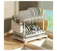 Genérico Escurridor de platos de 2 niveles en acero inoxidable. Organizador de encimera con portacubiertos, portavasos y bandeja de drenaje. Diseño a prueba de óxido y ahorrador de espacio.(White-b)