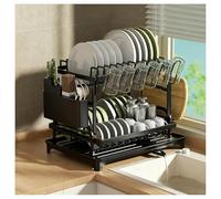 Genérico Escurridor de platos de 2 niveles en acero inoxidable. Organizador de encimera con portacubiertos, portavasos y bandeja de drenaje. Diseño a prueba de óxido y ahorrador de espacio.(Black-b)