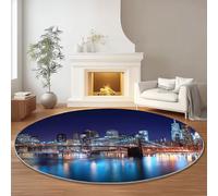 Genérico Estampado Alfombra Redonda, Estilo Moderno Arquitectura Urbana Lavable No Desprende Alfombras, 120 cm Antideslizante Interiores Alfombra para Cocina Habitacion Oficina, Azul Alfombras