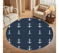 Genérico Estampado de Ancla Blanco Alfombra Redonda para Salón 80 cm, Marina de Guerra Alfombra Redonda Antideslizante de Pelo Corto Lavable a máquina para Pasillo y Dormitorio Cojines Decorativos
