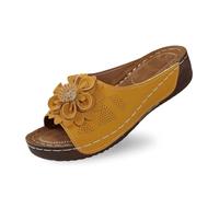 Genérico Estos elegantes zapatos de cuña de punta abierta para mujer, con parte superior de piel y zapatillas de flores, son zapatos cómodos y llenos de temperamento., amarillo, 36 EU