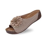 Genérico Estos elegantes zapatos de cuña de punta abierta para mujer, con parte superior de piel y zapatillas de flores, son zapatos cómodos y llenos de temperamento., beige, 39 EU