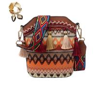 Genérico Ethnic Woven Crossbody Bag for Women,Handmade Native American Handbags,Retro Bohemian Tassel Woven Bucket Shoulder Bag