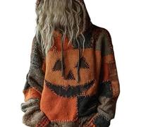 Genérico Everswear Halloween Sweater, Spooky Face Patchwork Pumpkin Print Hooded Knit Sweater, Cozy Contrast Stitched Pullover Top (Style-K,XXL)