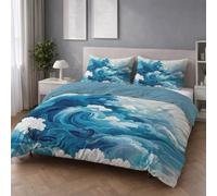 Genérico Fácil de Cuidar Motivo Azul Blanco Estilo Japonés Funda Nórdica Abstracto Oceano Olas Fácil de Mantener Microfibra para Niños y Adultos Duvet Cover 260 x 240 cm