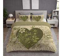 Genérico Fácil de Cuidar Motivo Beige Verde Elegante Juego de Funda Nórdica Corazón Floral Lavable a Máquina Microfibra para Adolescente Duvet Cover 260 x 240 cm