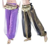 Genérico Falda Danza Vientre Monedas Duradero, Belly Dance Harem Pantalones Linterna Brillantes de Lujo Traje Baile Tamaño Libre (cinturón Monedas no Incluido)(Black Silver)