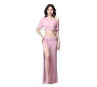 Genérico Falda Danza Vientre Monedas Duradero, Malla de Plata Transparente Mujer Belly Dance Disfraz 2 Pieza Falda Larga Bailarín Práctica Color Equipo Ropa Baile(Pink,2)