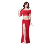 Genérico Falda Danza Vientre Monedas Duradero, Malla de Plata Transparente Mujer Belly Dance Disfraz 2 Pieza Falda Larga Bailarín Práctica Color Equipo Ropa Baile(Red,2)