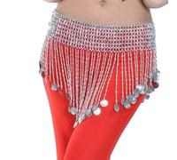 Genérico Falda Danza Vientre Monedas Duradero, Mujeres Bellydance Ropa Tassel Hip Bufanda Belly Dance Elastic Wraped Cinturón con Oro/Plateado Fringes Cuentas(Silver Coins Beads)