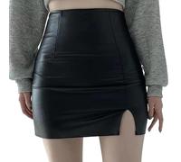 Genérico Falda de Cuero Minifalda de Cuero Negro for Mujer, Faldas de Cintura Alta con Abertura Lateral en la Cadera(Black,L)