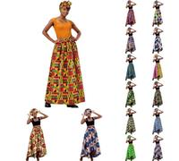 Genérico Falda Larga Para Mujer, Cintura Alta, Maxi Casual,Falda Larga Para Mujer Con Estampado Africano,Falda Africana,Estampado De Ankara, Estilo Bohemio,Conjunto éTnico Veraniego