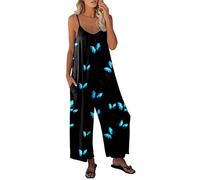 Genérico Faldas De Peto Mujeres Casual Summer Sleevevelless Jumpsuit Spaghetti Brap Impressed Jumpsuit Pocket Pantalones Jumpsuit Ropas De Yoga (Blue, XXL)