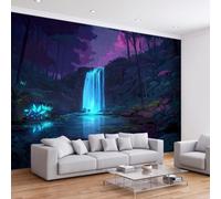 Genérico Fantasía Vista Nocturna Misteriosa Papel pintado de pared 350 x | Bosque Cascada Niebla Púrpura Papel pintado Panorámico Foto para Sala Dormitorio y Espacio Infantil Oficina Comedor