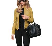 Genérico Faux Leather Jacket Women Slim Fit Lapel Motorcycle Jacket Zip Up Moto Biker Outwear Casual Lightweight Short Coats (yellow,L)