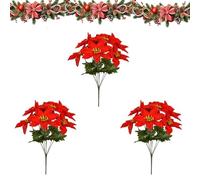 Genérico Faux Poinsettia for Outdoor Planters, Artificial Poinsettia Flowers with Red Fabric Petals and Green Leaves, 7-Head 13 Inch Floral Stems for Indoor Outdoor Displays