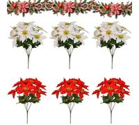 Genérico Faux Poinsettia for Outdoor Planters, Artificial Poinsettia Flowers with Red Fabric Petals and Green Leaves, 7-Head 13 Inch Floral Stems for Indoor Outdoor Displays