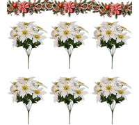 Genérico Faux Poinsettia for Outdoor Planters, Artificial Poinsettia Flowers with Red Fabric Petals and Green Leaves, 7-Head 13 Inch Floral Stems for Indoor Outdoor Displays