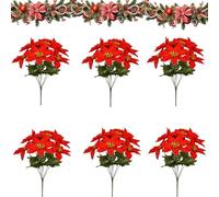 Genérico Faux Poinsettia for Outdoor Planters, Artificial Poinsettia Flowers with Red Fabric Petals and Green Leaves, 7-Head 13 Inch Floral Stems for Indoor Outdoor Displays