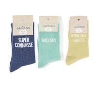 Genérico Felizz - Pack de 3 pares de calcetines con lentejuelas con mensajes - TU 36/42 - "Super , chica mala, reina de las perras