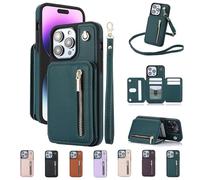 Genérico Fertilvrsus/Totaladdly Phone Case, PU Leather Flip Cover with Hand Strap and Zipper, PU Leather Wallet Case with Card Slots, for iPhone 16/15/14/13 (Green,for iPhone13)