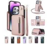 Genérico Fertilvrsus/Totaladdly Phone Case, PU Leather Flip Cover with Hand Strap and Zipper, PU Leather Wallet Case with Card Slots, for iPhone 16/15/14/13 (Pink,for iPhone15Pro)