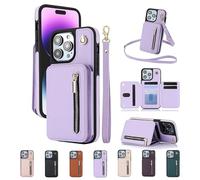Genérico Fertilvrsus/Totaladdly Phone Case, PU Leather Flip Cover with Hand Strap and Zipper, PU Leather Wallet Case with Card Slots, for iPhone 16/15/14/13 (Purple,for iPhone16Pro)