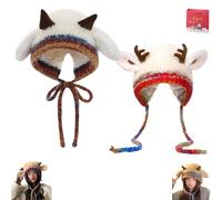 Genérico Festive Christmas Antler Hat, Festive Christmas Antler Hat & Handbag 2-in-1, Cute Windproof Convertible Knitted Antlers (F,2PCS)