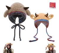 Genérico Festive Christmas Antler Hat, Festive Christmas Antler Hat & Handbag 2-in-1, Cute Windproof Convertible Knitted Antlers (C,2PCS)