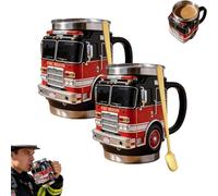 Genérico Fire Rescue Mug - For the Bravest Among Us, 3D Fire Truck Design Stainless Steel Tumbler, Handcrafted, for Firefighters Station Work Gift, Coffee and Truck Lovers (2pcs)