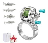 Genérico Fishing Reel Necklace, Spinning Reel Pendant Necklaces with Rotating Handle & Moving Line Guide, Mini Fishing Gear Keychain for Anglers,Dad (Ring with 4 Fish)