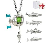 Genérico Fishing Reel Necklace, Spinning Reel Pendant Necklaces with Rotating Handle & Moving Line Guide, Mini Fishing Gear Keychain for Anglers,Dad (Necklace with 4 Fish)