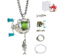 Genérico Fishing Reel Necklace, Spinning Reel Pendant Necklaces with Rotating Handle & Moving Line Guide, Mini Fishing Gear Keychain for Anglers,Dad (Necklace with 1 Fish)