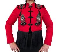 Genérico FLAMENKA ROCIERA Chaqueta Torera con Flecos y Bordados, con Detalles Negros, Forro Interior y Hombreras, Inspiración Flamenca (FR/ES, Letras, M, L, Regular, Regular, Rojo)