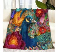 Genérico Flora Y Fauna Suave Manta de Lana para Cama Sofá 180 x 200 cm Flores Pavo Real Sherpa Manta, para Otoño e Invierno - Color Franela Frazada Todas Estaciones Mantas