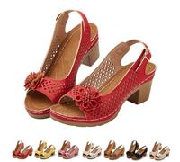 Genérico Floral Block Heel Sandals for Women Open Toe Cutout Slingback Shoes with Adjustable Buckle Strap Comfortable Summer Dressy Casual Walking Sandals (red,39)