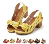 Genérico Floral Block Heel Sandals for Women Open Toe Cutout Slingback Shoes with Adjustable Buckle Strap Comfortable Summer Dressy Casual Walking Sandals (yellow,37)