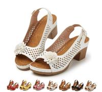 Genérico Floral Block Heel Sandals for Women Open Toe Cutout Slingback Shoes with Adjustable Buckle Strap Comfortable Summer Dressy Casual Walking Sandals (white,42)