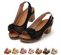 Genérico Floral Block Heel Sandals for Women Open Toe Cutout Slingback Shoes with Adjustable Buckle Strap Comfortable Summer Dressy Casual Walking Sandals (black,41)