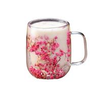 Generico Floral Double Mug, Insulated Glass Teacup Handle, 450ml Capacity with Heat Retention, Clear Borosilicate Drinkware, Coffee Cup with Transparent Design, Beverage Serving for Home Picnic
