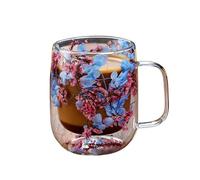 Generico Floral Double Mug, Insulated Glass Teacup Handle, 450ml Capacity with Heat Retention, Clear Borosilicate Drinkware, Coffee Cup with Transparent Design, Beverage Serving for Home Picnic