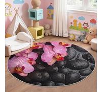 Genérico floral elegante orquídea alfombra redonda infantil 120 cm, lavable y antideslizante, negro Zen Spa piedras alfombra de juegos suave para habitación de bebé y enfermería