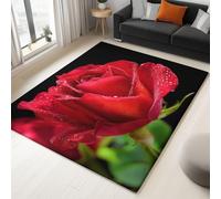 Genérico Flores Alfombra Salon - Lavable Impresa Alfombras Pelo Corto Alfombra Antideslizante - Dormitorio Decoración Romántico Gota De Rocío Patrón De Rosa -Negro 100 x 150 cm