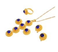 Genérico For Ethiopian Red Stone Cross Necklace Pendants Earrings Ring 3pcs Set Gold Color Women Traditional Jewelry African Bridal Sets Wedding Party (Blue)