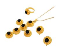 Genérico For Ethiopian Red Stone Cross Necklace Pendants Earrings Ring 3pcs Set Gold Color Women Traditional Jewelry African Bridal Sets Wedding Party (Black)