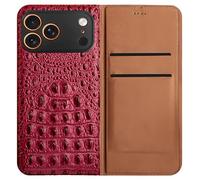Genérico For iPhone 16 Pro Genuine Crocodile-Embossed Shockproof Leather Flip Case with Card Pockets Protection Business Wallet Cover with Full Body Camera Protection(iPhone 16 Pro,Wine Red)