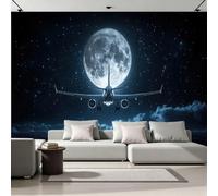 Genérico Fotomurales 3D Avión 300x210 cm Fotomural Poster Pegamento Luna Cielo Estrellado Fotomurales Papel pintado Living Oficina Dormitorio 27G-42