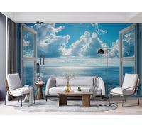 Genérico Fotomurales 3D Vista De La Ventana 350x256 cm Fotomural Poster Pegamento Ventana Falsa Con Vista Al Mar Cielo Azul Fotomurales Papel pintado Living Oficina Dormitorio 14G-13