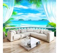 Genérico Fotomurales Playa Palmera, Papel Pintado Fotográfico Decoración de La Pared 200 x 140 cm Para Salón Dormitorio Habitación Infantil Pared de Tv, Vista Desde Ventana